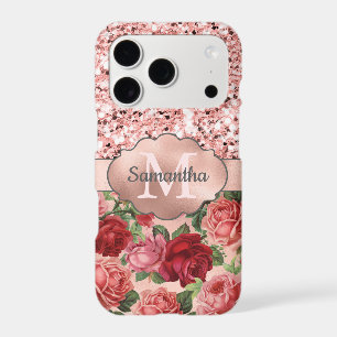 Rose Gold Glitter Vintage Rose Floral Monogrammed