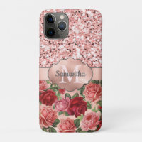 Rose Gold Glitter Vintage Rose Floral Monogrammed