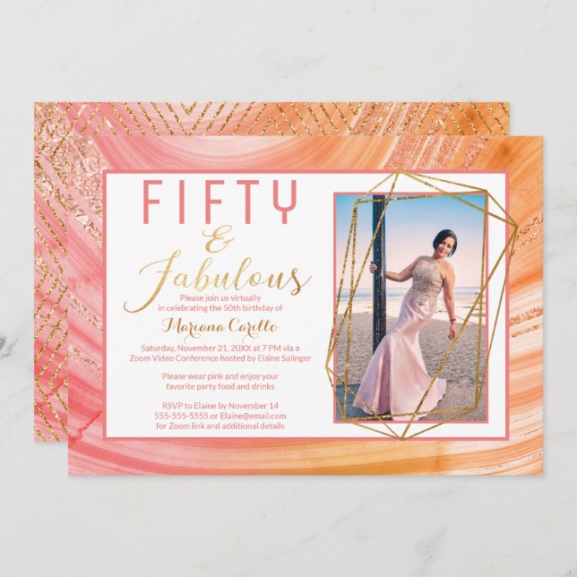 Rose Gold Glitter Virtual 50 and Fabulous Birthday Invitation (Front/Back)
