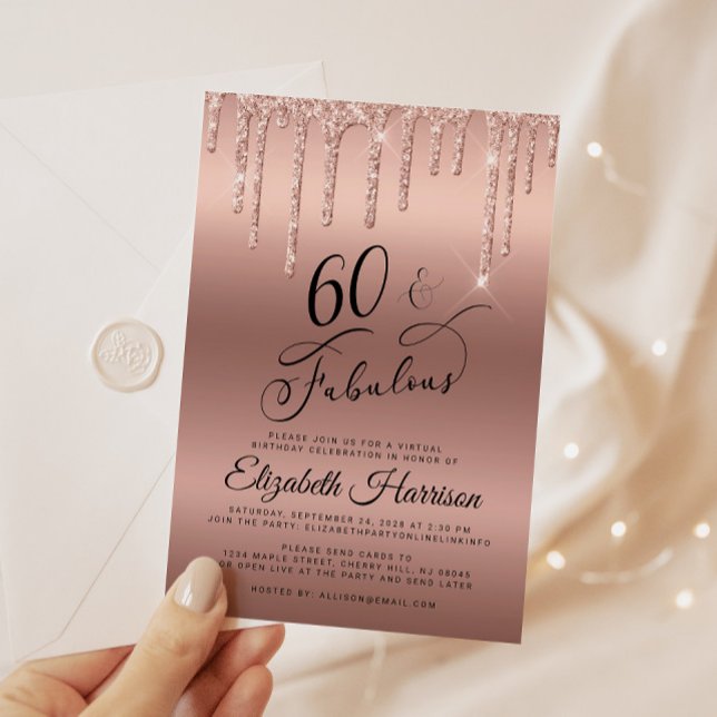Rose Gold Glitter Virtual 60th Birthday Party Invitation (Celebrate her 60 years of sparkle with an elegant rose gold glitter birthday party invitation  🎉 🎂)