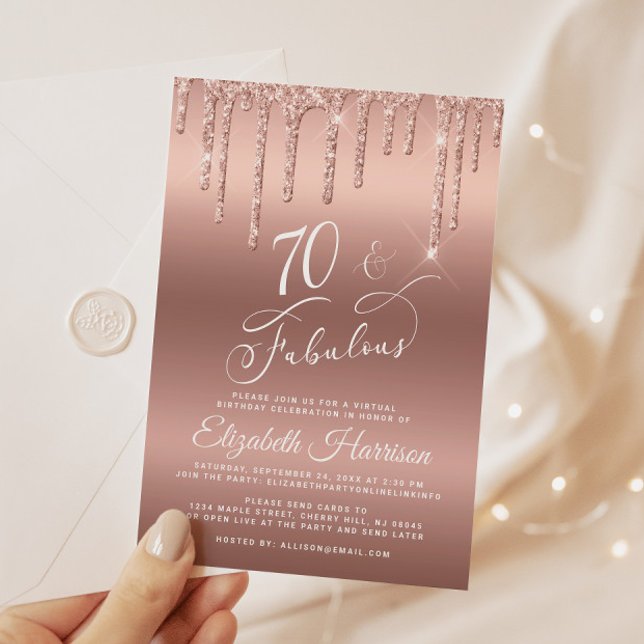 Rose Gold Glitter Virtual 70th Birthday Party Invitation (Celebrate her 70 years of sparkle with an elegant rose gold glitter birthday party invitation)