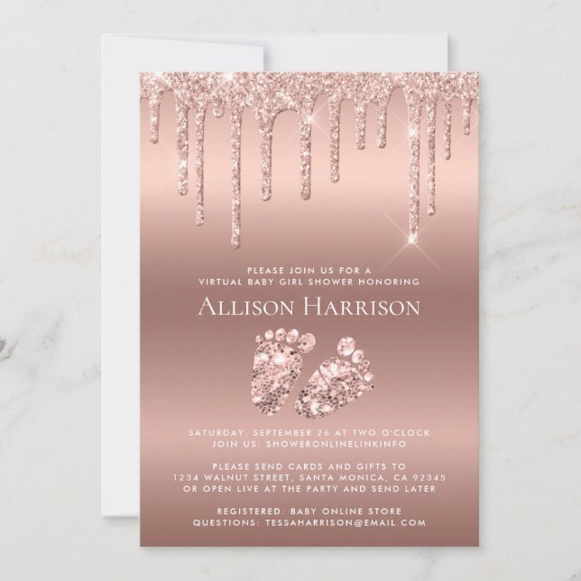 Rose Gold Glitter Virtual Baby Girl Shower Invitation (Front)