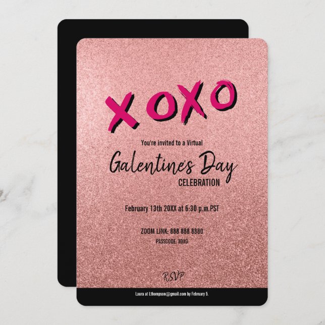 Rose Gold Glitter Virtual Galentine's Valentine Invitation (Front/Back)