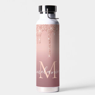 Rose Gold Glitter Water Bottle Custom Name Letter