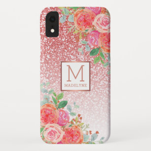 Rose Gold Glitter Watercolor Floral Monogram Name iPhone XR Case