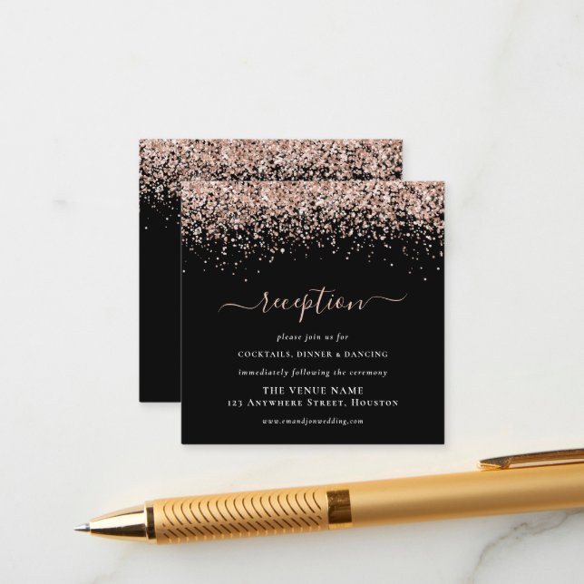 Rose Gold Glitter Wedding Black Reception Details Enclosure Card (Front/Back In Situ)