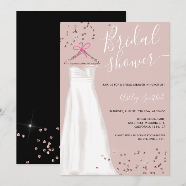 Rose gold glitter wedding dress chic bridal shower invitation (Front/Back)
