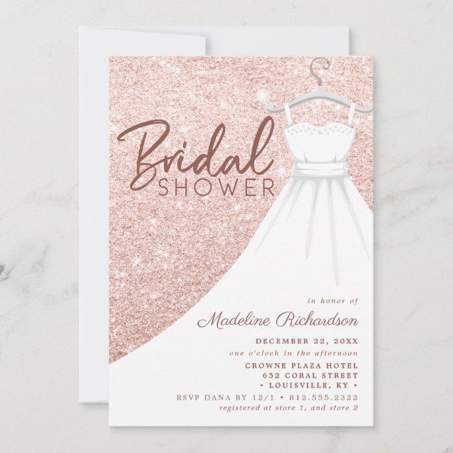 Rose Gold Glitter Wedding Dress Chic Bridal Shower Invitation (Front)
