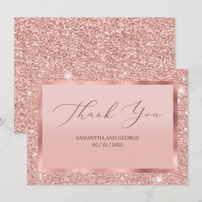 Rose Gold Glitter Wedding Flat Thank You Card (Front/Back)