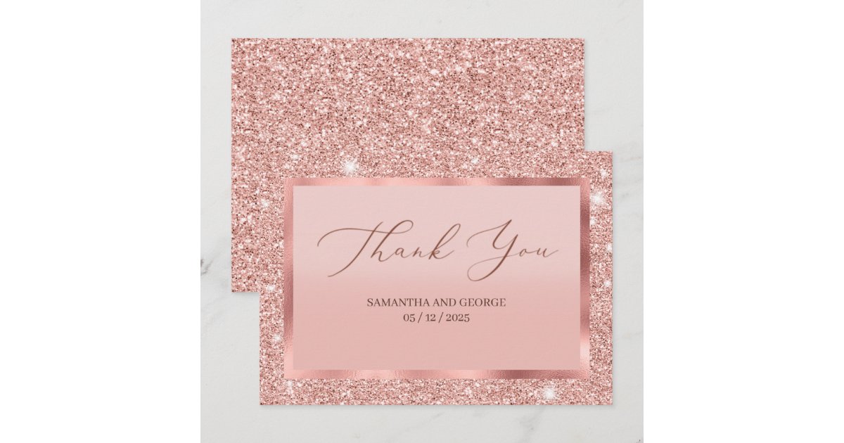 Rose Gold Glitter Wedding Flat Thank You Card | Zazzle