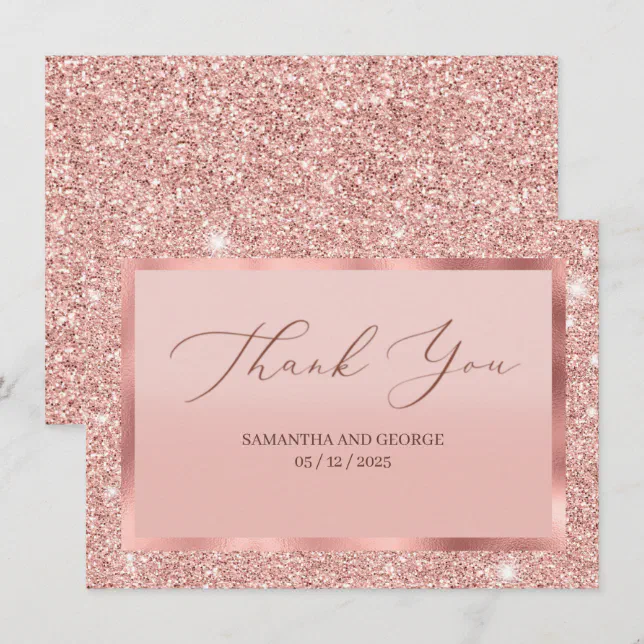 Rose Gold Glitter Wedding Flat Thank You Card | Zazzle