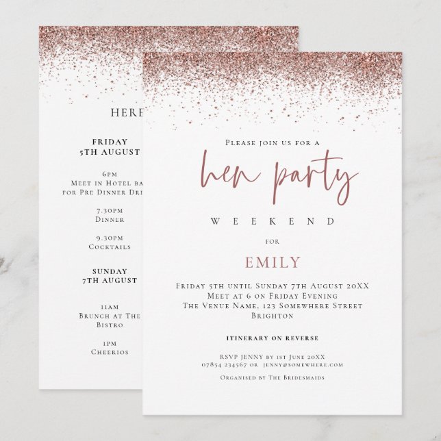 Rose Gold Glitter Weekend Itinerary Hen Party Invitation (Front/Back)