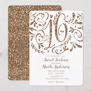 Rose Gold Glitter Whimsical Lettering Sweet 16 Invitation