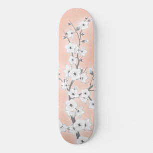 Rose Gold Glitter White Cherry Blossoms Skateboard