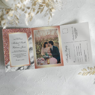 Rose Gold Glitter White Marble All in One Wedding Tri-Fold Invitation