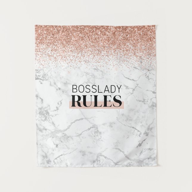 Rose Gold Glitter White Marble BossLady Rules Logo Tapestry (Front)