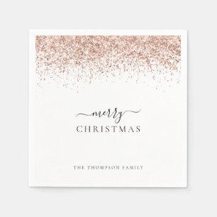 Rose Gold Glitter White Name Merry Christmas Napkin