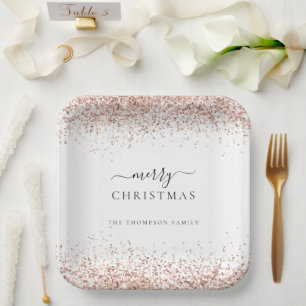 Rose Gold Glitter White Name Merry Christmas  Paper Plate