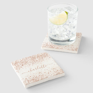 Rose gold glitter white name script stone coaster