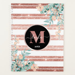 Rose Gold Glitter + White Stripe Floral Monogram Planner