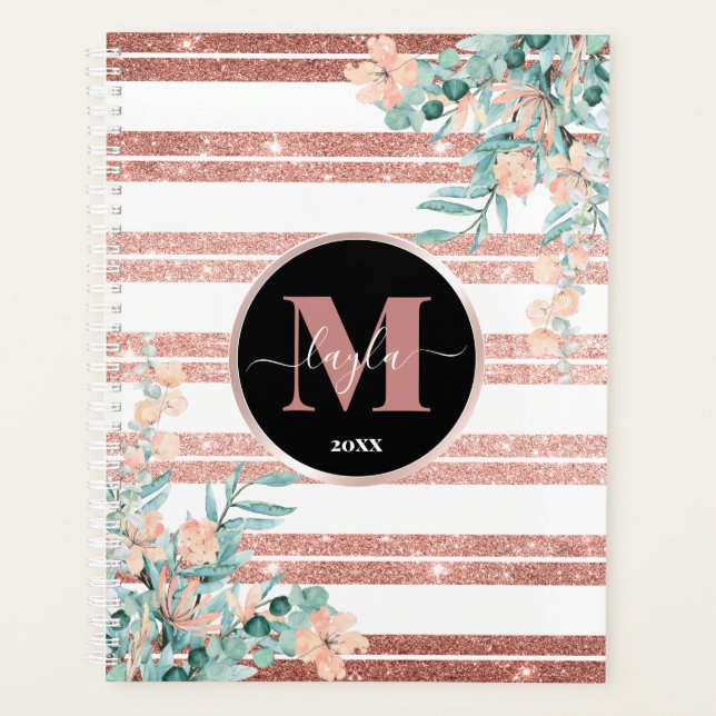 Rose Gold Glitter + White Stripe Floral Monogram Planner (Front)