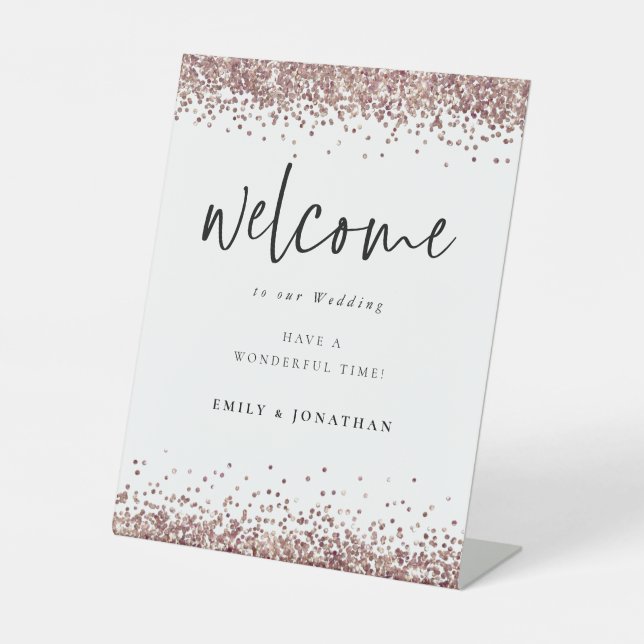 Rose Gold Glitter White Welcome to Wedding Pedestal Sign (Front)