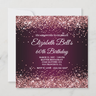 Rose Gold Glitter Wine Dark Ombre 60th Birthday Invitation