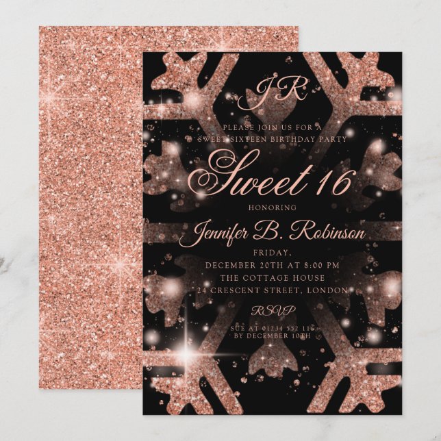 Rose Gold Glitter Winter Sweet 16 Birthday Invitation (Front/Back)