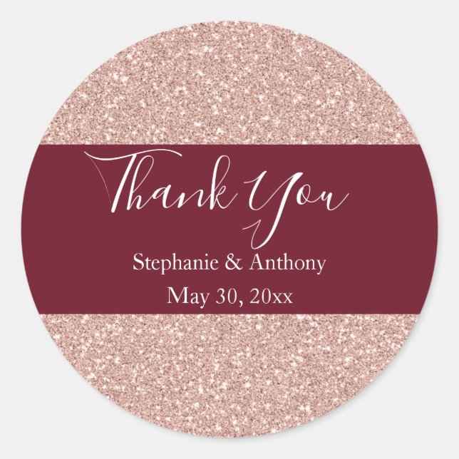 Rose Gold Glitter with Burgundy Wedding Thank You Classic Round Sticker (Front)