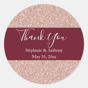 Rose Gold Glitter with Burgundy Wedding Thank You Classic Round Sticker