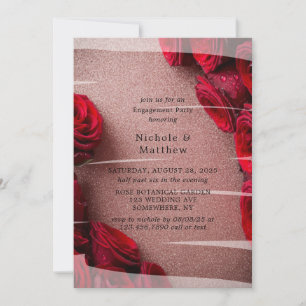 Rose Gold Glitter with Red Roses Engagement Party Invitation