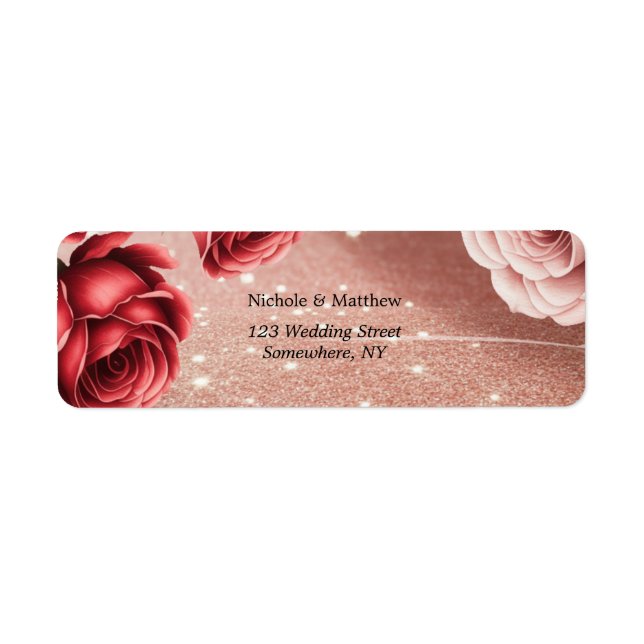 Rose Gold Glitter with Red Roses Wedding Address (Front)