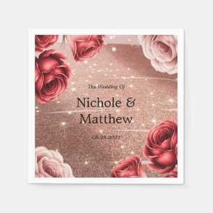 Rose Gold Glitter with Red Roses Wedding Napkin