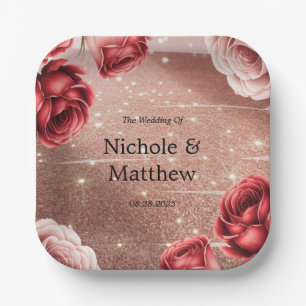 Rose Gold Glitter with Red Roses Wedding Paper Plate