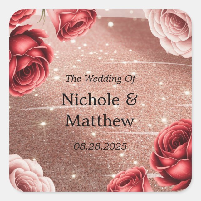 Rose Gold Glitter with Red Roses Wedding Square Sticker (Front)