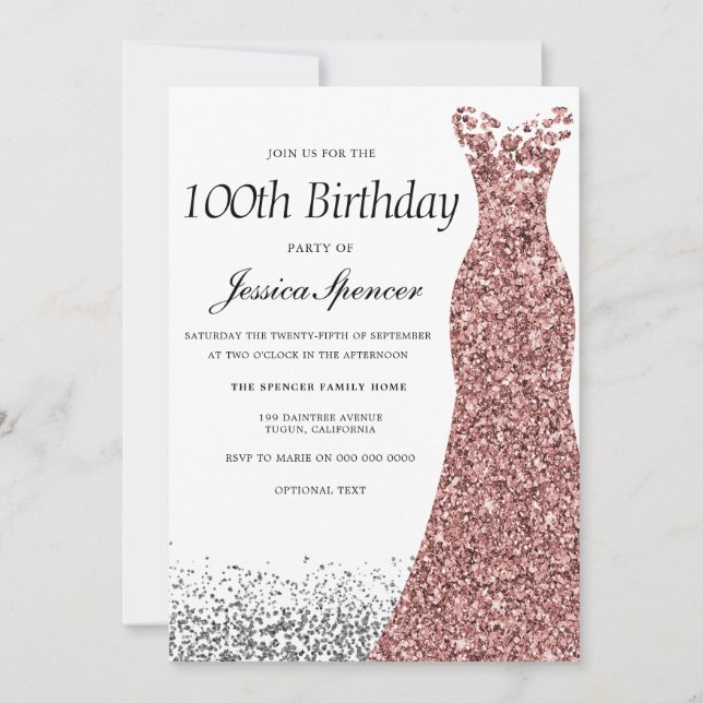 Rose Gold Glitter Womans 100th Birthday Party Invitation (Front)