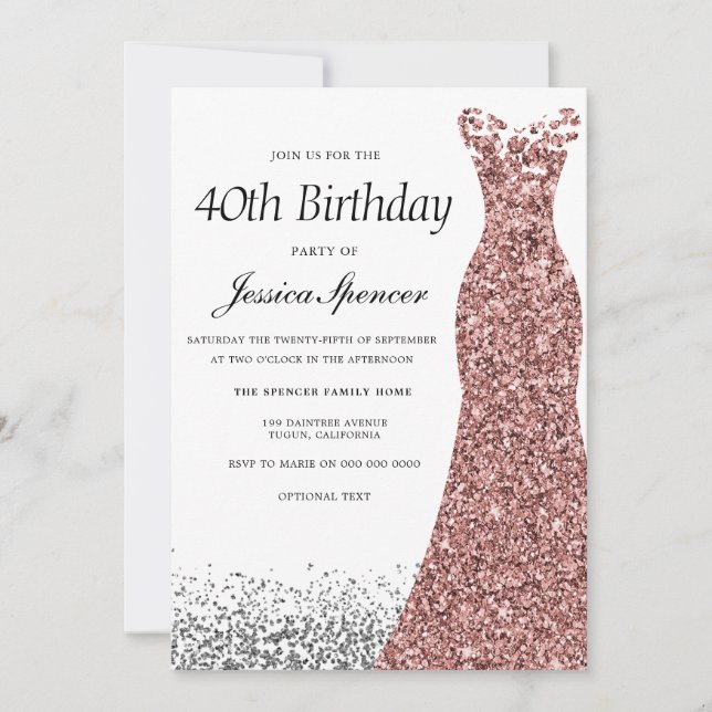 Rose Gold Glitter Womans 40th Birthday Party Invitation (Front)