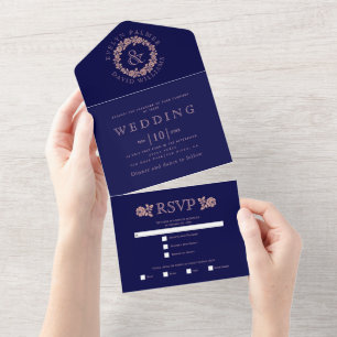 Rose gold glitter wreath on navy blue wedding     All In One Invitation