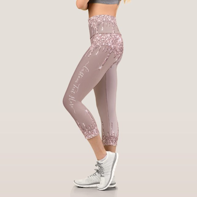 Rose Gold GlitterCapri Leggings with Custom Text (Left)