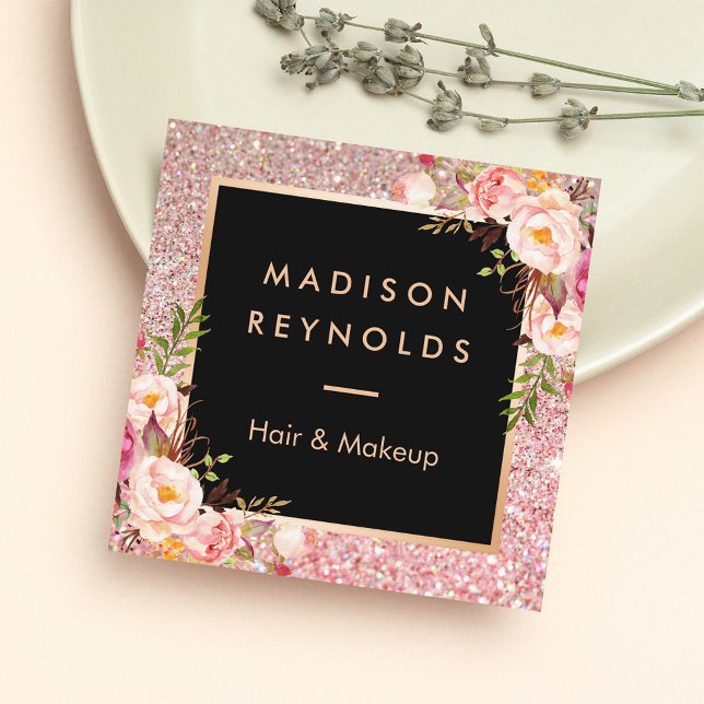Rose Gold Glitters Pink Floral Beauty Salon Square Business Card (Creator Uploaded)