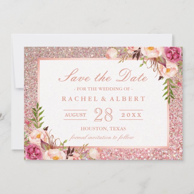 Rose Gold Glitters Pink Floral Save the Date (Front)