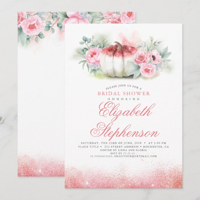 Rose Gold Glitters Pumpkin Fall Bridal Shower Invitation (Front/Back)