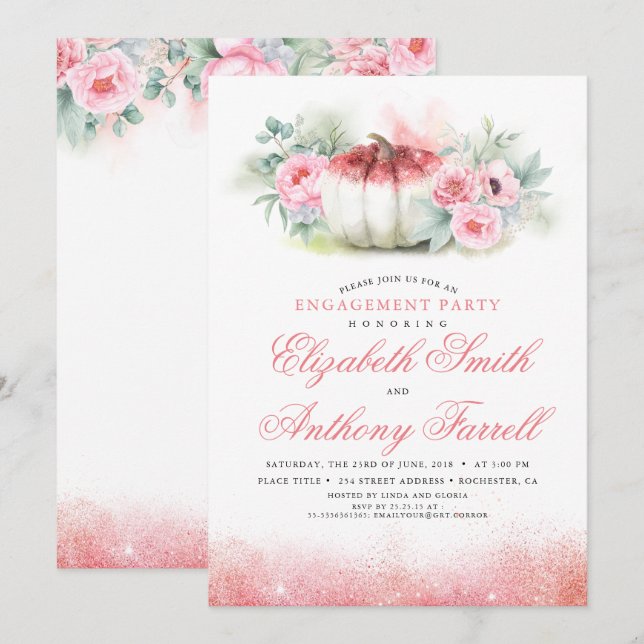 Rose Gold Glitters Pumpkin Fall Engagement Party Invitation (Front/Back)
