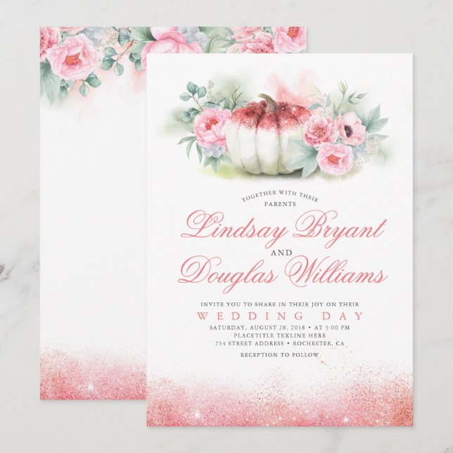 Rose Gold Glitters Pumpkin Fall Wedding Invitation (Front/Back)