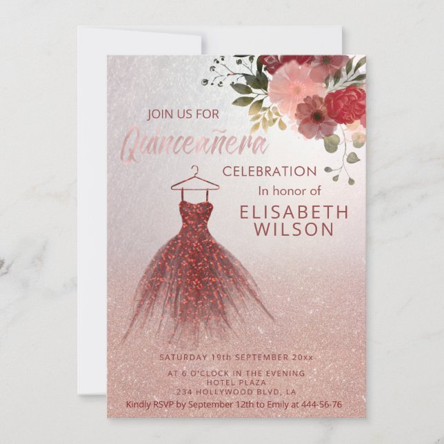 Rose gold glittery burgundy dress Quinceañera  Invitation (Front)