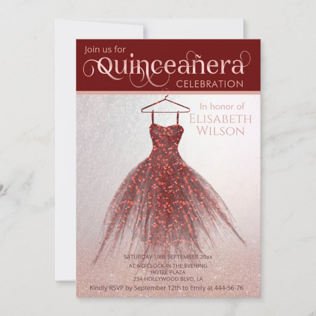 Rose gold glittery burgundy dress Quinceañera  Invitation (Front)
