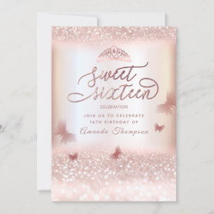 Rose gold glittery butterfly tiara calligraphy in invitation