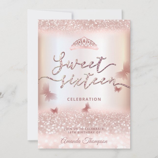 Rose gold glittery butterfly tiara calligraphy  in invitation (Front)