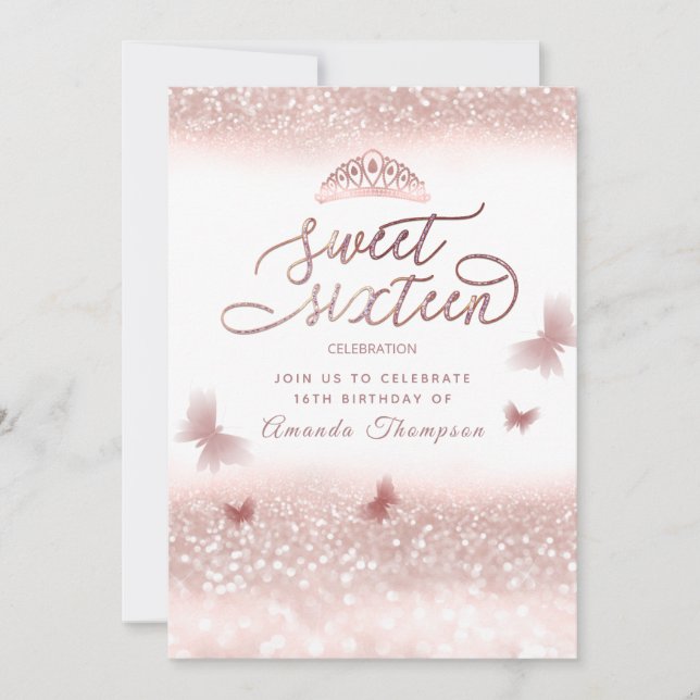 Rose gold glittery butterfly tiara calligraphy  invitation (Front)