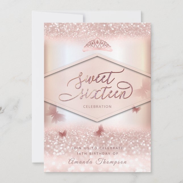 Rose gold glittery butterfly tiara calligraphy  invitation (Front)